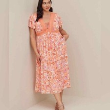 Torrid Lace Up Peach Tea Length Dress Crinkle Gauze Floral Coral plus size 1 1X