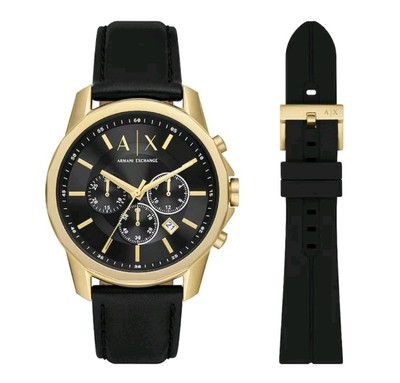 ARMANI EXCHANGE AX7133SET HERREN SCHWARZES ZIFFERBLATT GOLDFARBEN, MIT LEDER & SILIKONARMBAND 