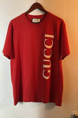 Gucci Men s Red Logo Print Crew Neck Short Sleeve T-Shirt Size S Regular