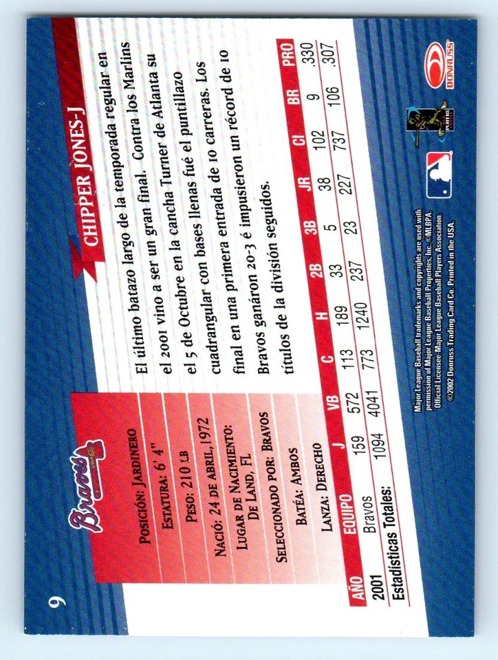 2002 Donruss Super Estrellas #9 Chipper Jones Atlanta Braves - Image 2 of 2