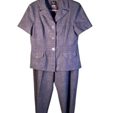 Retro Chic Sweet Suit Blue Tailored Pantsuit with Structured Shoulders Size 16