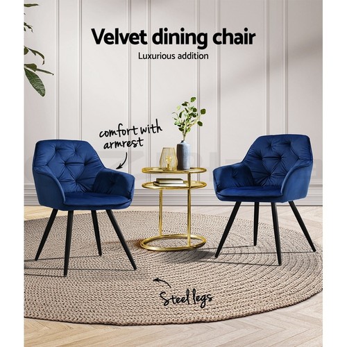 Artiss 2x Dining Chairs Armchair Cafe Chair Kitchen Velvet Diamond Tufted Blue - Picture 2 of 11