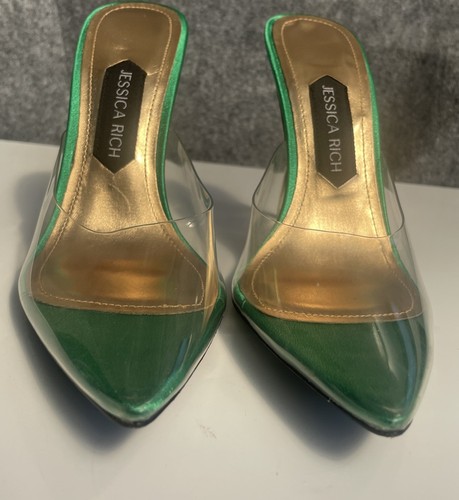 Jessica Rich So Bossy Green Satin Pointed Transparent Highheel Mules Size 5/38/7 - Picture 7 of 11