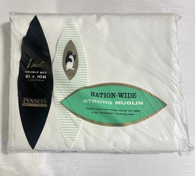 VTG Penney WHITE 100% Cotton Strong Muslin Sheet 81x108~Made in USA~STANDARD~NIP