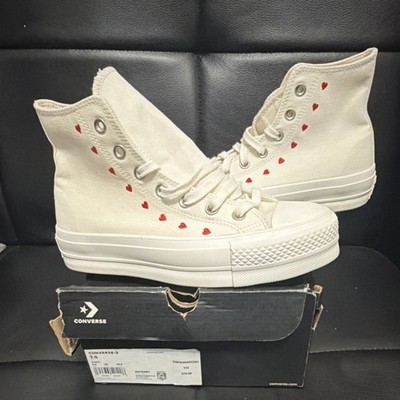Converse Chuck Taylor Lift Platform High Top Embroidered Hearts White Red