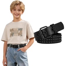 Kids Double Grommet Belt for Boys Fit Waist Size 25"-29" Black/Black Studded