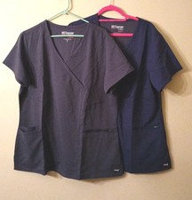 NEW 2 Grey's Anatomy by Barco Scrub Tops Women  s Uniform XL Dark Grey Navy Blue