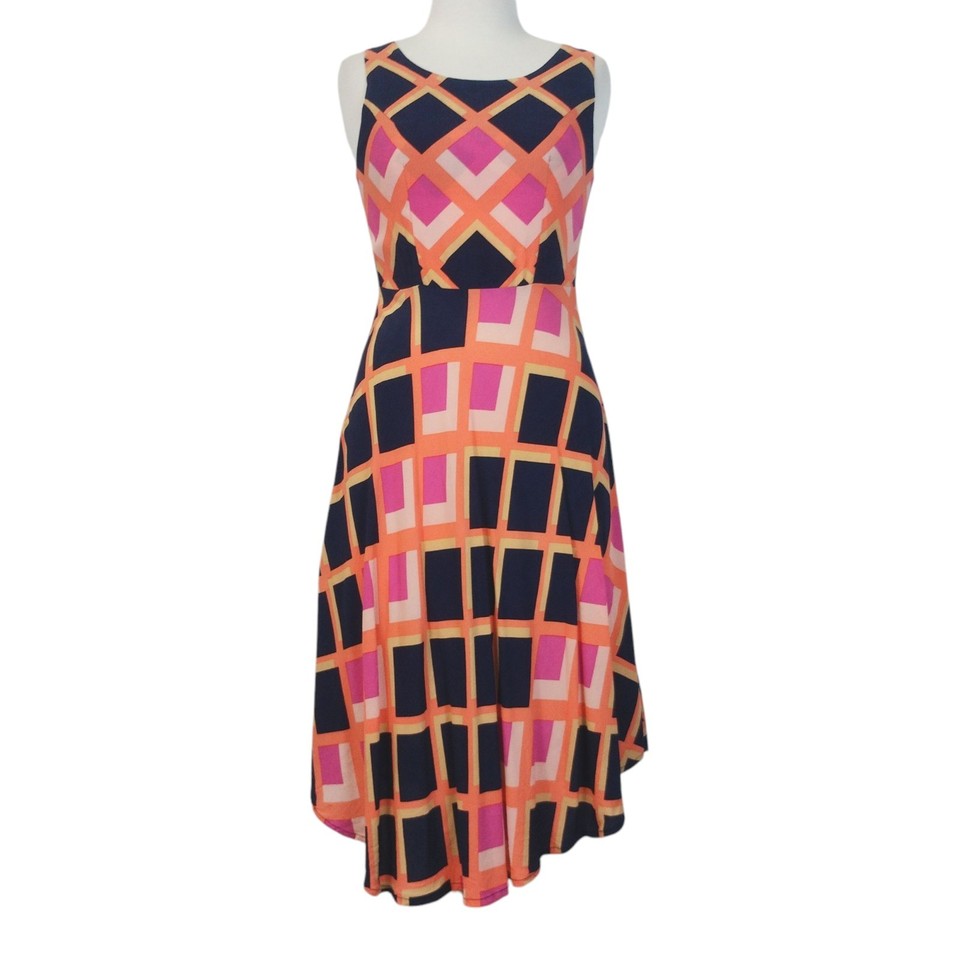 Mister Zimi Womens Size 8 Navy Orange Pink A Line Geometric Dress Sleeveless