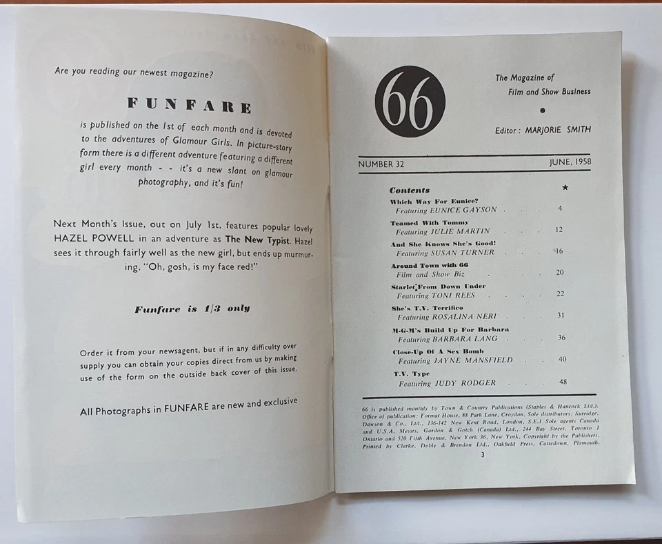 66 Magazine # 32 - Photos of Jayne Mansfield & Others - Vintage Glamour - 1958 Foto 2 de 4