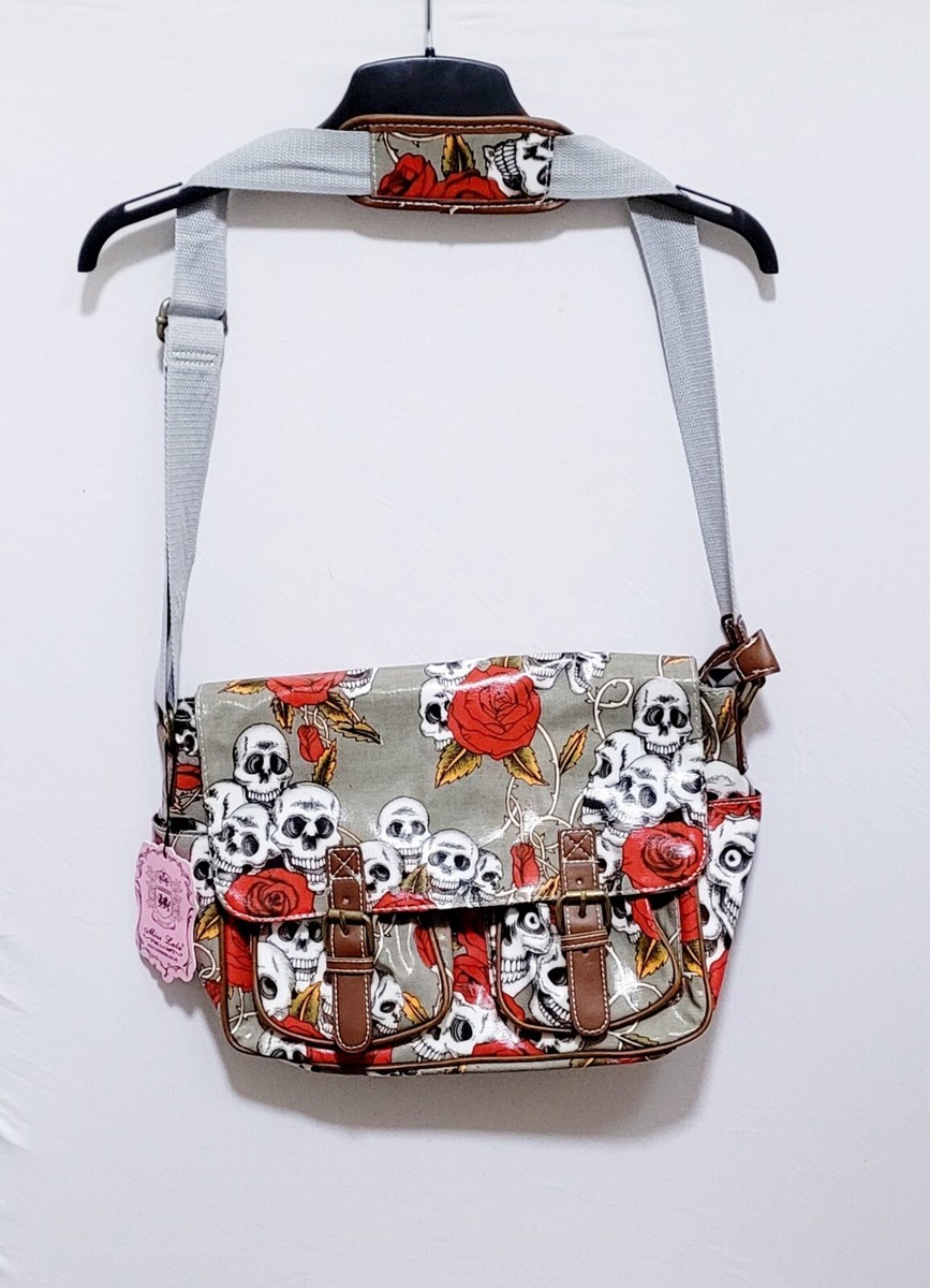 Skull Rose Satchel Bag Oil Cloth Multi Pocket Gothic Cross Body