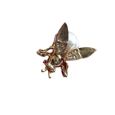 Faux Pearl Gold Tone Fly Insect Brooch Pin Spring Wings Rhinestone | eBay