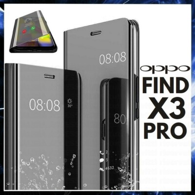 FLIP COVER FOR OPPO FIND X3 PRO BLACK MIRROR BOOK CASE CLEAR VIEW 360°