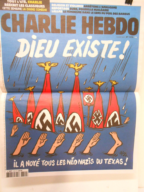 Newspaper Charlie Hebdo  "God Exists! He Drowned All the Neo-Nazis of Texas"2017