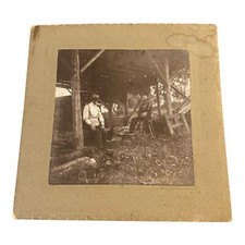 Antique Photo Old Men Cowboys Resting Outside in Shed Wood Lumber