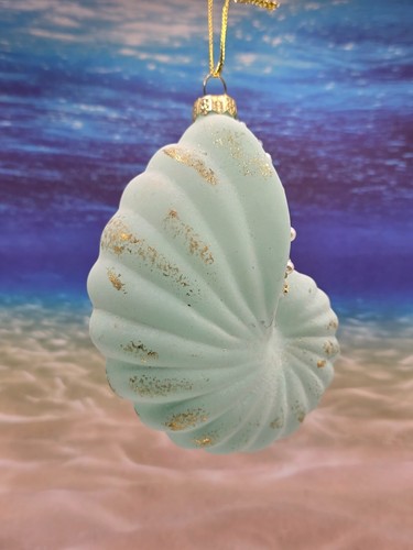 NEW AQUA GLASS NAUTILUS SHELL PEARL ACCENTED CHRISTMAS ORNAMENT BEACH SEASHELL - Picture 5 of 5