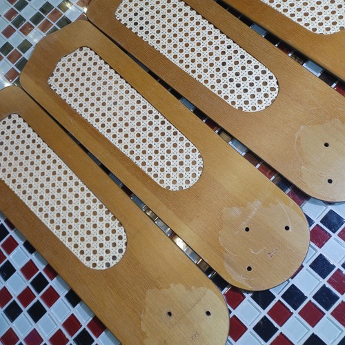 READ ~ Vtg Ceiling Fan Blades Cane Wood Caning Inset Wicker Set Of 4 - Picture 4 of 24