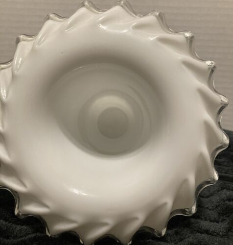 Vintage Czechoslovakia Milk Glass With Clear Crest Ruffled Top Vase/Signed - Picture 3 of 7