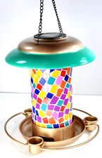 Solar Garden Lantern Wild Bird Feeder for Cardinals Multi-Colored Glass Pattern