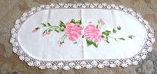 Doily Cotton/Crochet/Embroide 28" X  13.5" Hand Made  Crochet Edge Pink Rose