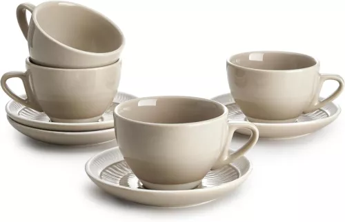 Sweese 6 Ounce Cappuccino Cups with Saucers, Porcelain Double 6oz