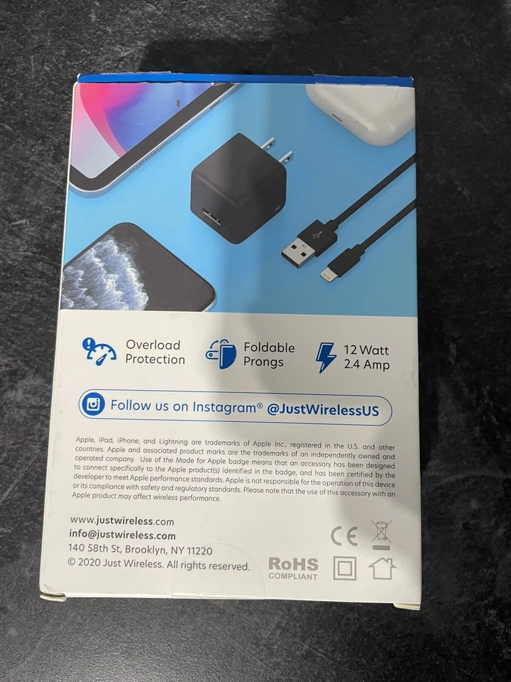 Cargador de Pared Just Wireless 2.4A/12W 1 Puerto USB-A con 5' TPU Iphone cbl a USB-A Foto 2 de 2