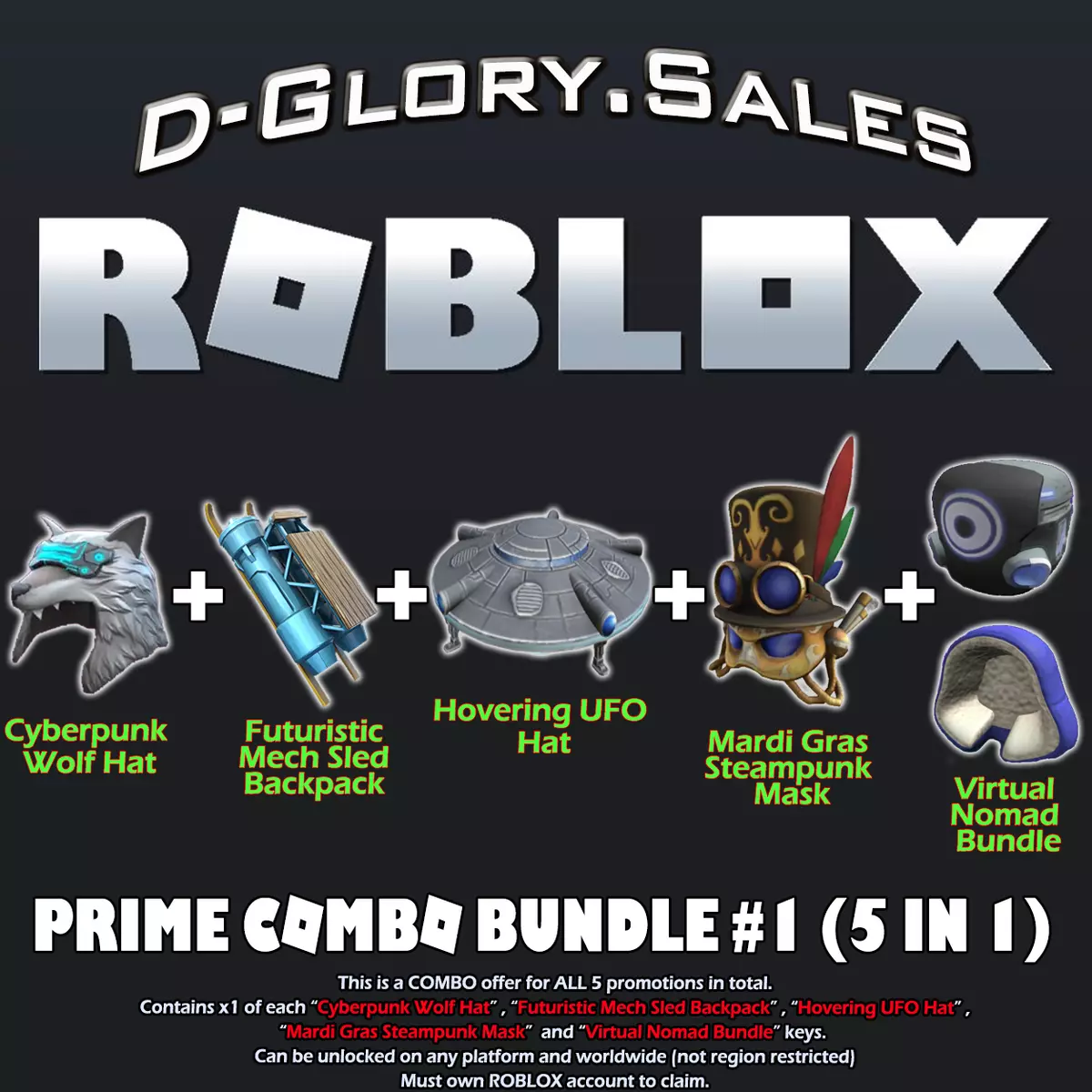 ROBLOX - Prime Combo Bundle 5 in 1 (UFO, Nomad, Cyberpunk, Mardi, Sled)  GLOBAL