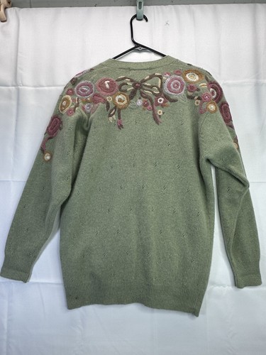 Vtg Bechamel 80s Angora Lambswool Cardigan Sweater Green Embroidered Floral - Picture 7 of 10