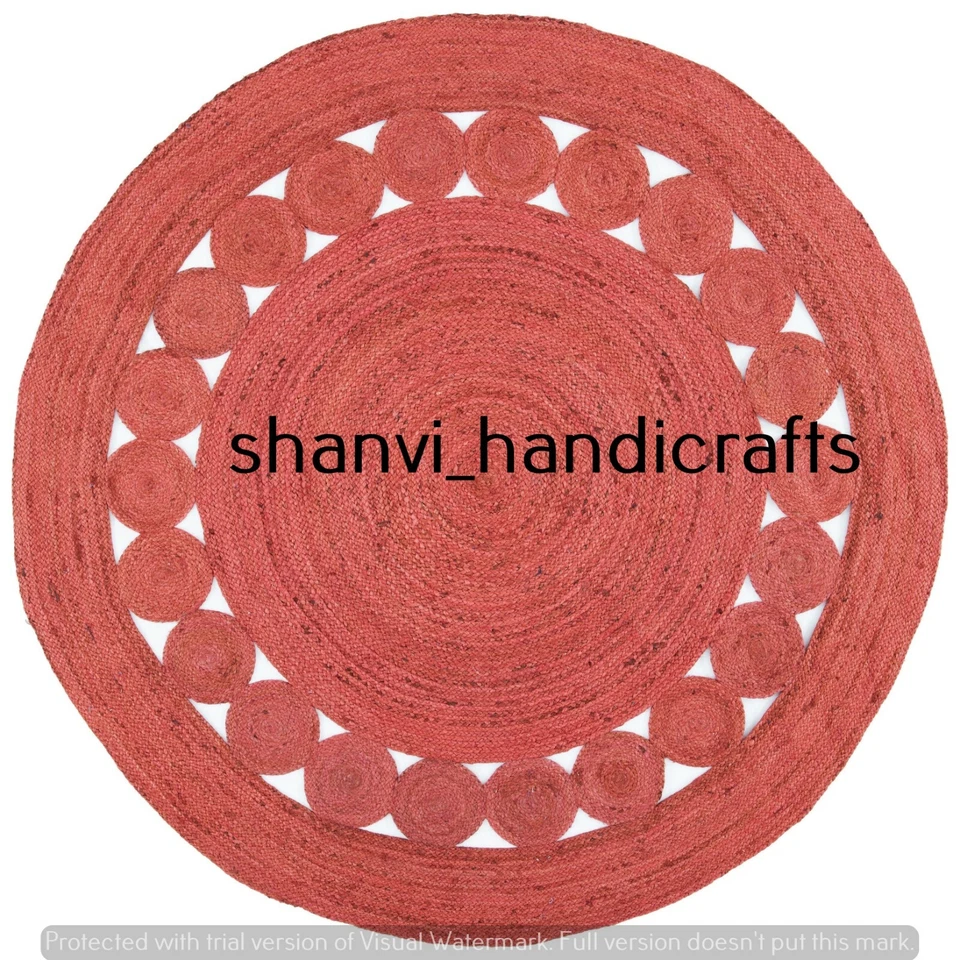 Red Colour Bohemian Round Rug Jute Rug Hand Braided Rug Jute Rug 7 Feet Area Rug - Image 3 of 3