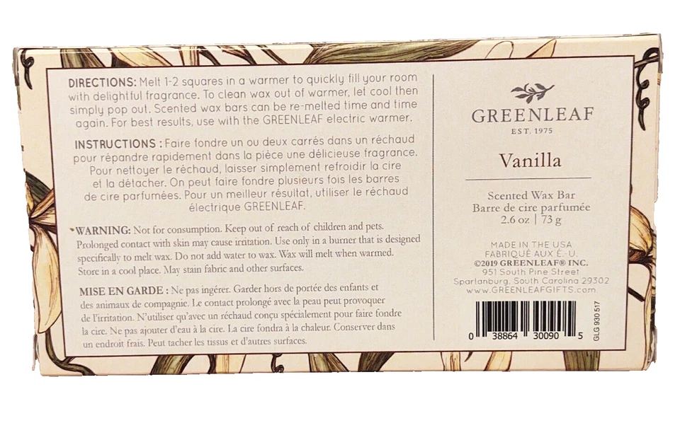 Barra de cera perfumada Greenleaf vainilla 2,6 oz 6 bloques nueva Foto 4 de 4