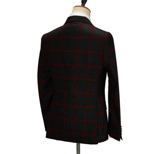 Men's Black Red Plaid Suits Double Breasted Jacket Pant 2 Piece Groom Slim Suits - Picture 4 of 12