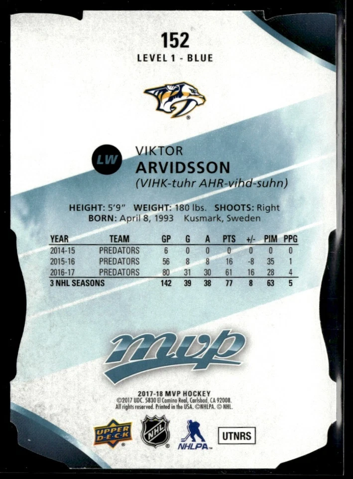 2017-18 Upper Deck MVP colors and countours Viktor Arvidsson #152 - Image 2 of 2