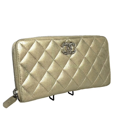 CHANEL Long Wallet Gold Matelasse Purse Suede Zip Around Auth