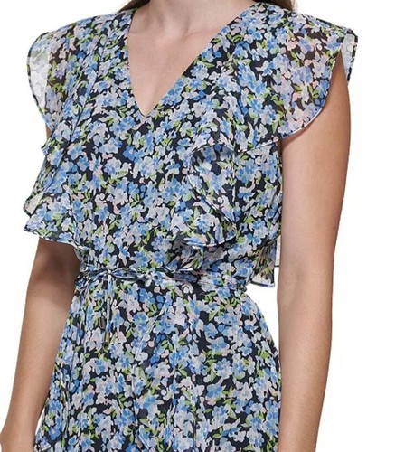 Abito Tommy Hilfiger in chiffon floreale con volant aderente svasato scollo a V blu nero taglia 14 - Foto 5 di 13