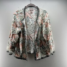 Chicos Jacket Womens 1 US Medium Floral 3/4 Open Front Linen Blend Fringe