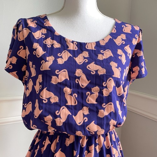 Cat Print Dress Size Large Blue By Peach Love California Blue Novelty - Picture 2 of 12