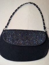 Bijoux Terner Navy Blue Pleated Beaded Flap Evening Bag Shoulder Clutch