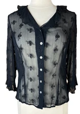 Tess (Sz L) Blouse Black Sheer 100% Silk Ruffle Button Floral Top