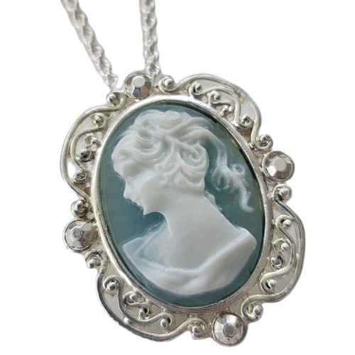 Vtg Cameo Pendant Necklace or Brooch 2-in-1 Blue Woman's Profile Silver Chain
