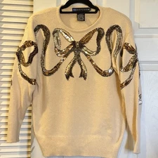 80s Vintage Embellished Bow Sweater S Ivory Silk Angora Wool Festive Glam