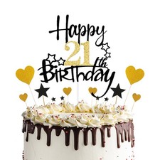 Happy 21th Birthday Cake Topper Black Gold Glitter Party Cupcake Decoration