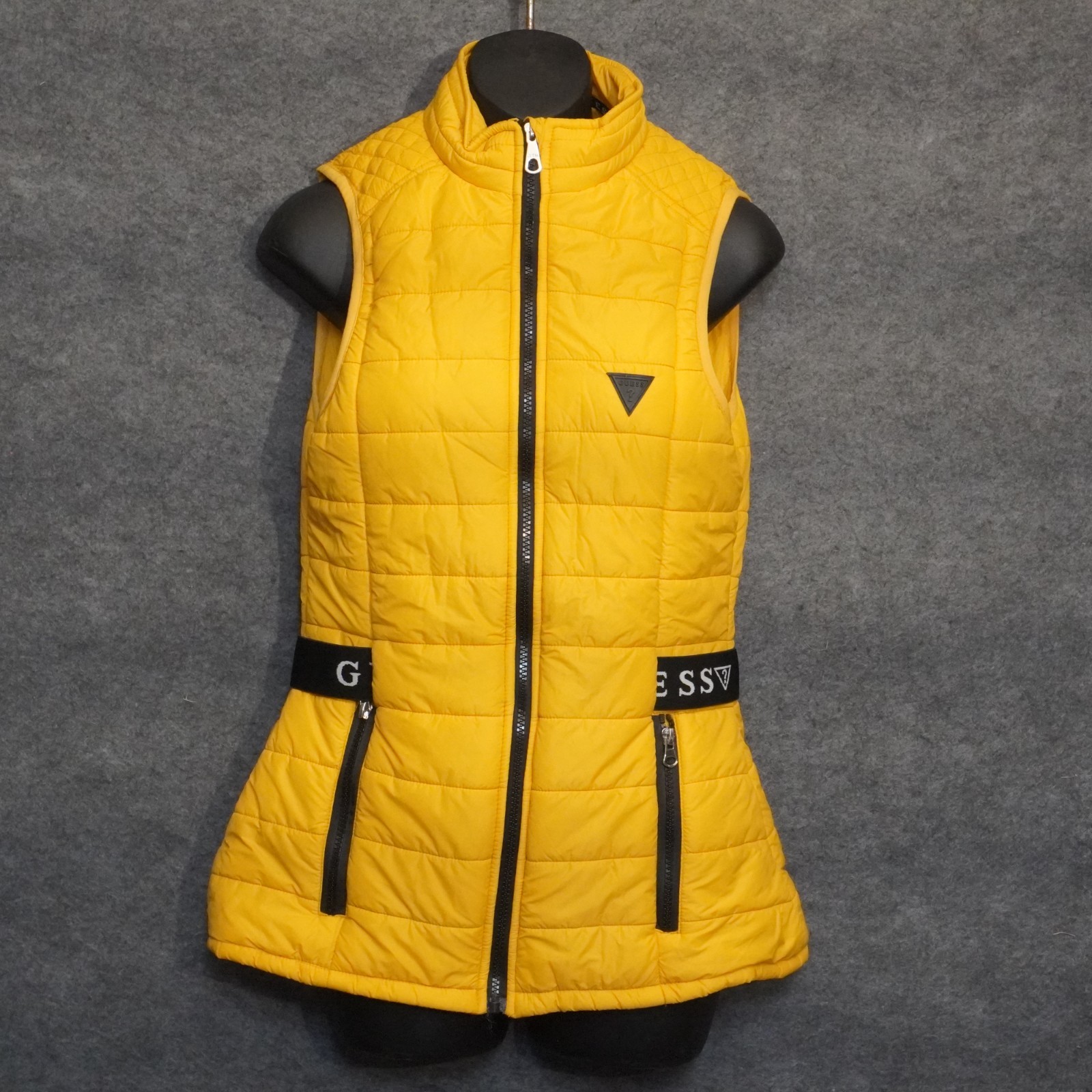 GUESS Women's Yellow Long Quilted Puffer Vest Jacket Size S Excellent Condition