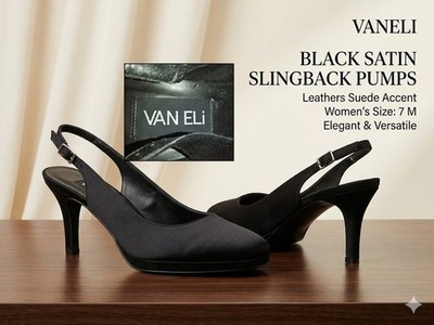 Vaneli Black Satin Slingback Pumps Leather Suede Uppers Women's size: 7 M