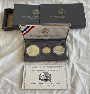 1991 U.S Mint Mount Rushmore Anniversary Gold & Silver 3 Coin Proof Set COA