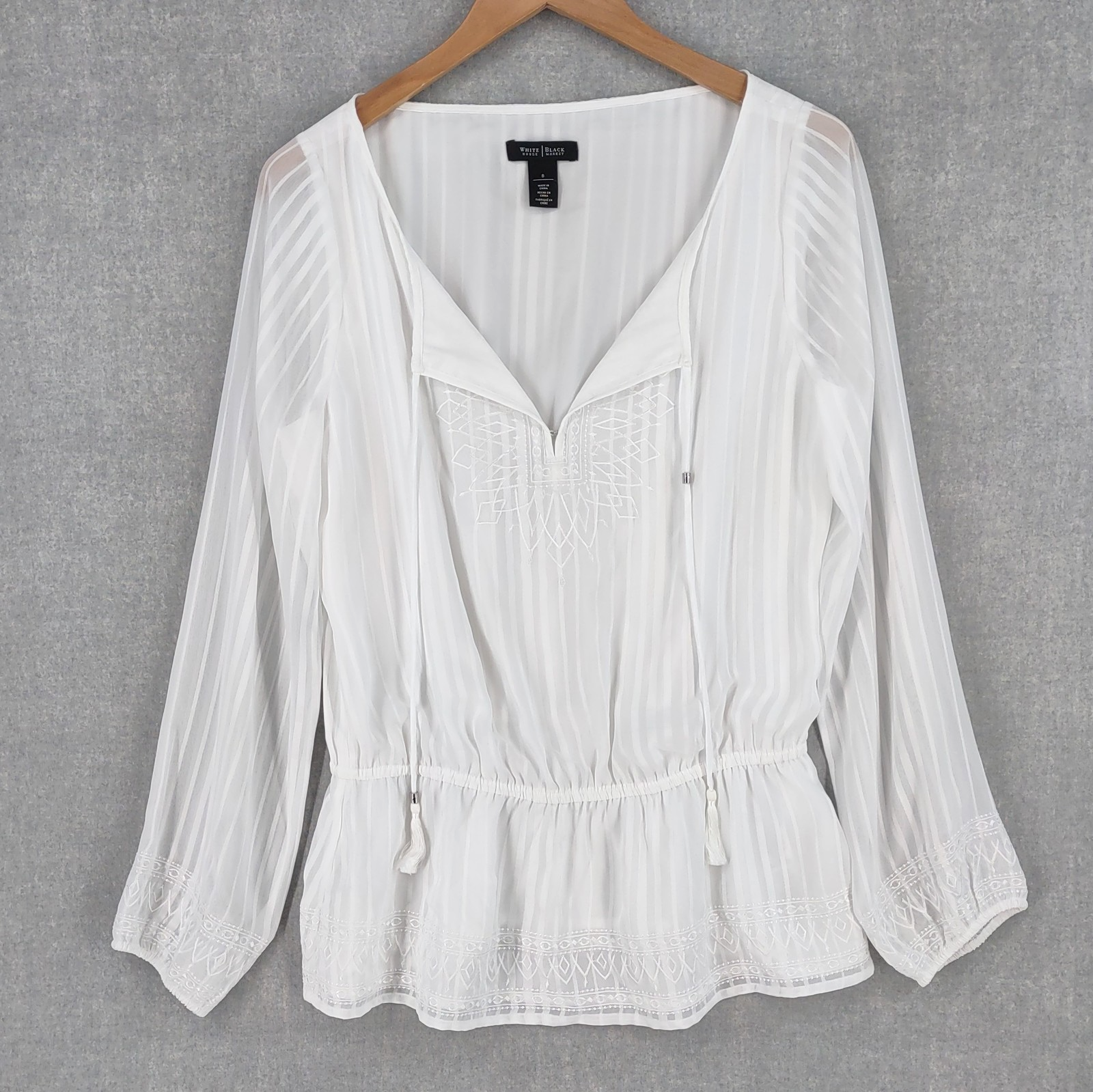 White House Black Market Blouse Womens 8 Sheer Boho Peasant Embroidered Top