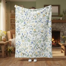 Spring Floral Throw - Blue Yellow Watercolor Floral Blanket for Couch Sofa ...