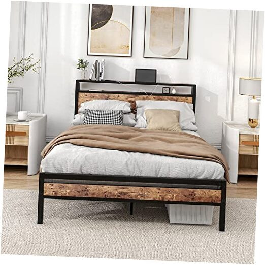 Full Size Metal Bed Frame with Storage Headboard and USB Charging