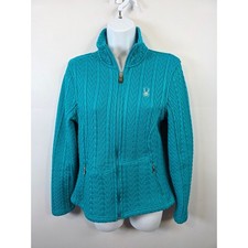 Spyder Womens Teal Blue Cable Knit Full Zip Fleece Jacket Mock Neck Size Medium