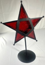 Embossed Red Glass Metal Star Tealight Candle Holder 13" Stand