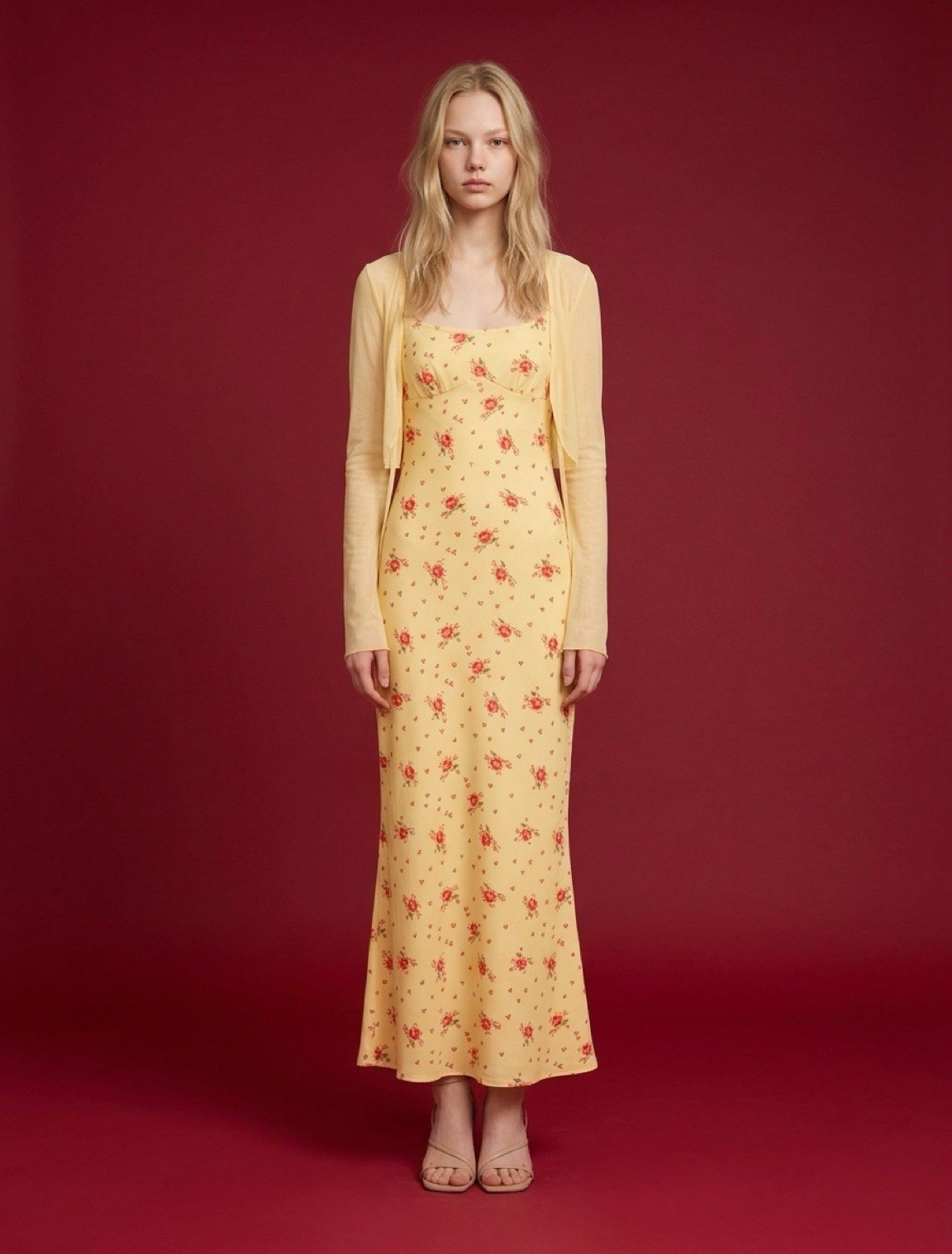 SheIn Women's Yellow Floral Square Neck Long Sleeve Maxi Dress XS