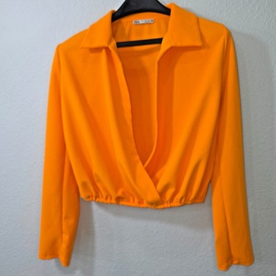 Zara Orange Twist Front Deep V Long Sleeve Crop Top Junior Size - Medium